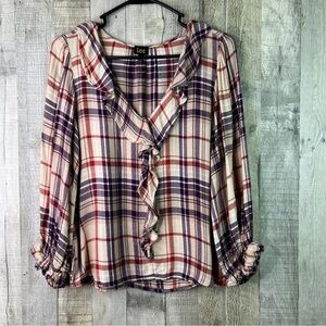 Lee Vintage Small Plaid Print Long Sleeve V-Neck Ruffle Neckline Blouse